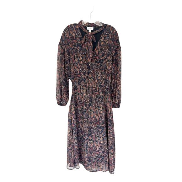 Evereve Dress Paisley Print Tie Front Chiffon Gremlin Forest Eliza Midi Small - Picture 2 of 15